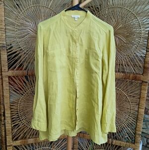 EILEEN FISHER Pale Yellow Linen Oversized Button Front Shirt Tunic sz XS